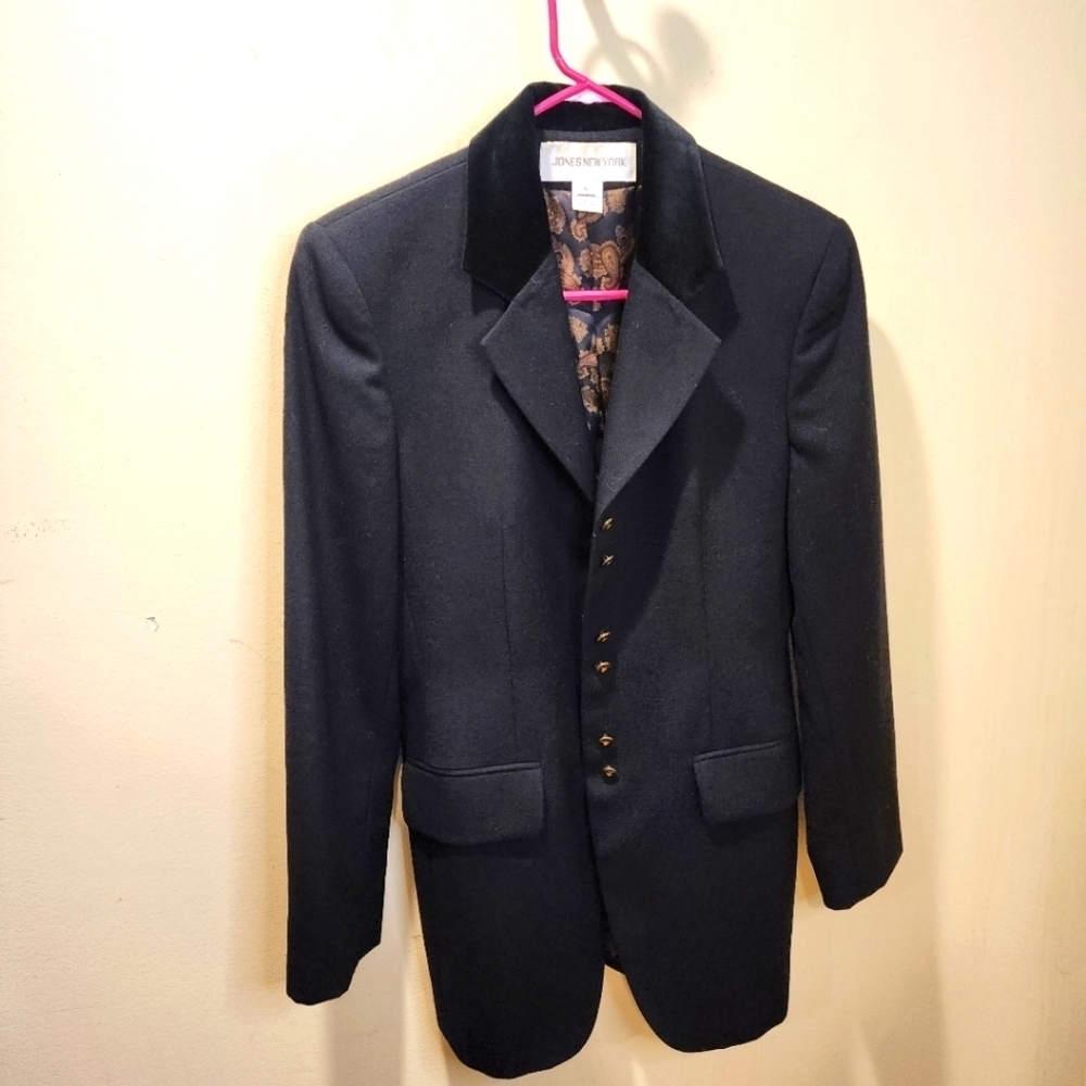 Jones New York women's Black 100% Wool Long Blazer size 6